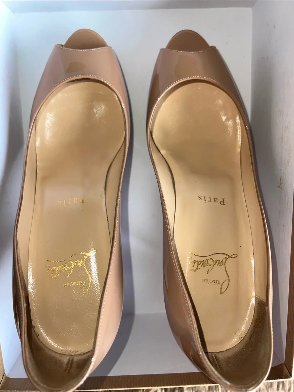 Christian Louboutin Nude Patent Peep-Toe Pumps with Signature Red Sole